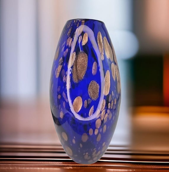 Vintage Murano Art Glass Vase Cobalt Blue With Gold Fleck