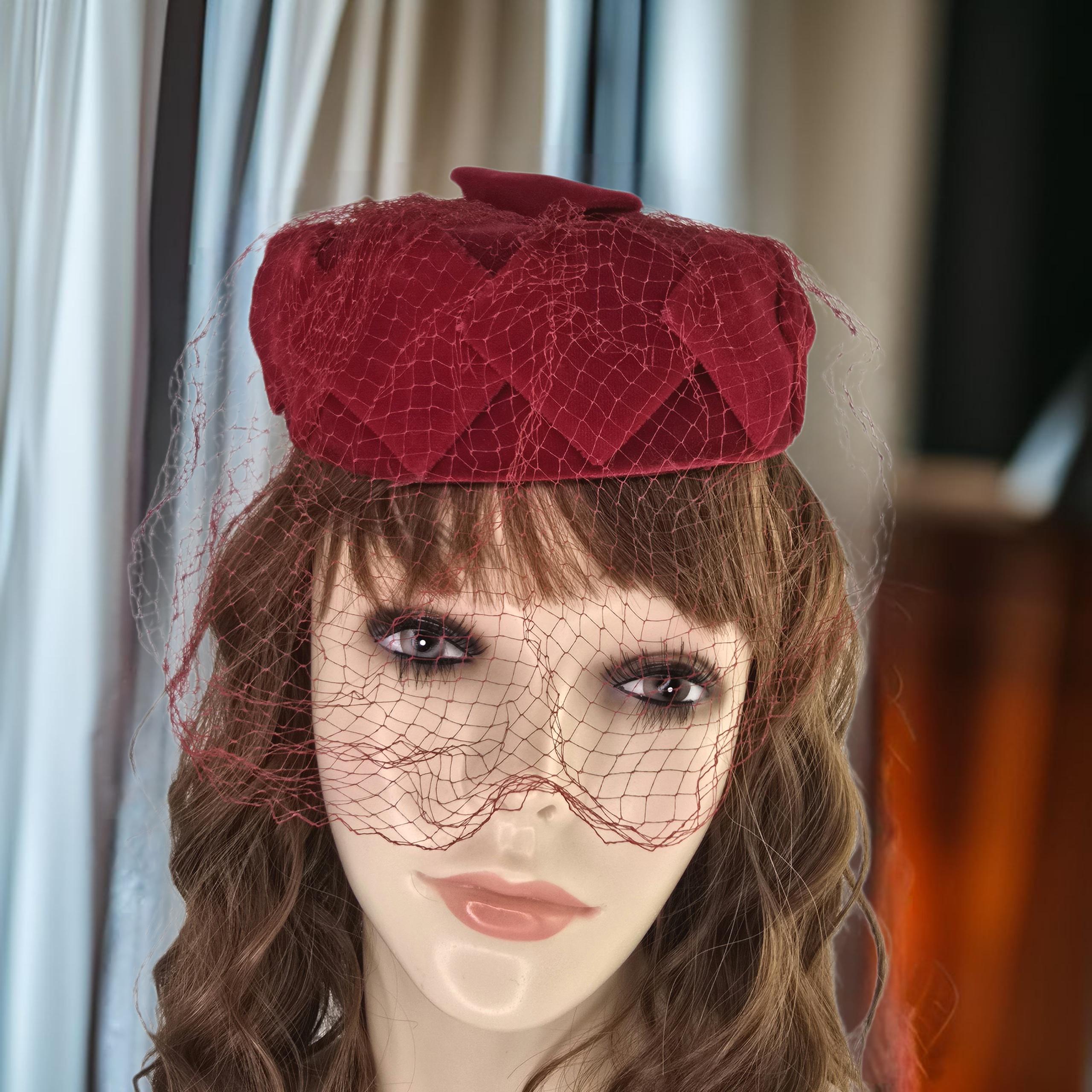 Vintage Midcentury Red Velvet Pillbox Hat Vintage Red 