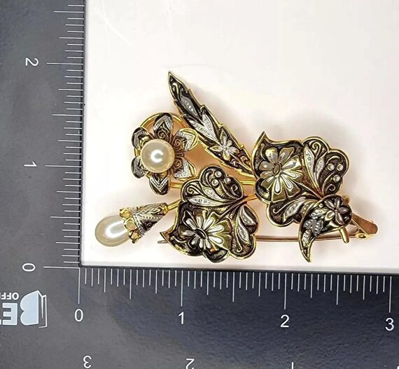 Vintage Damascene Flower Brooch Long Stem Flower Pin