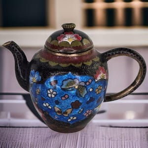 Antique Chinese Cloisonne Teapot Antique Butterfly Flower Cloisonne Inlay Teapot Small Antique Cloisonne Teapot Blue Vintage Kitchen Decor