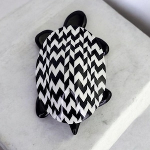 Vintage Lea Stein Paris Large Black White Turtle Cellulose Pin Brooch Modernist Turtle Black and White Brooch Signed Lea Stein Turtle Brooch