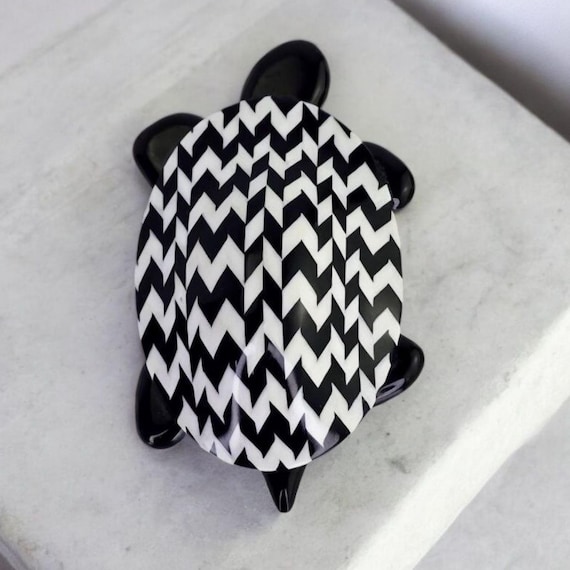 Vintage Lea Stein Paris Large Black White Turtle Cellulose Pin