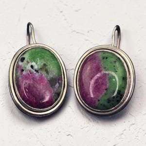 Vintage Large Natural Polished Ruby Zoisite Oval Cabochon Pink Green Gemstone Sterling Silver Dangle Hook Drop Earrings Ruby Zoisite Jewelry