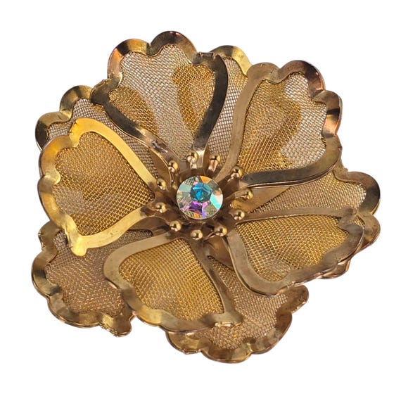 Vintage signé LIT en maille aurore boréale strass broche fleur grande broche fleur dorée Broche tendance fleur du milieu du siècle - Canada