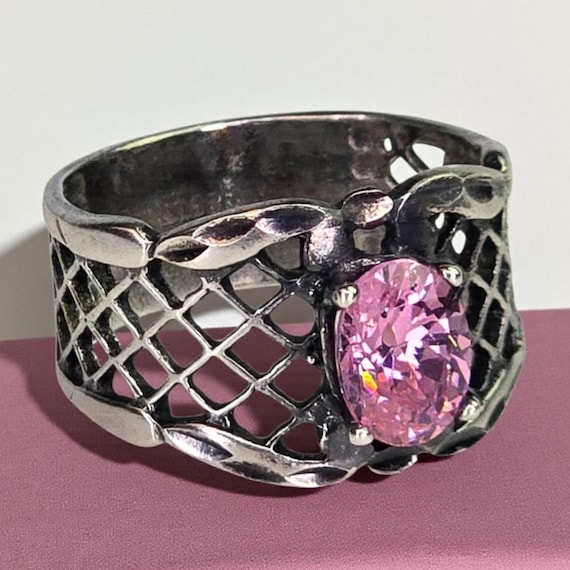 SILVER925 PINK STONE DESIGN RING/シルバーリング Vintage 925 Sterling Silver Pink Rhinestone Ring Sterling Basket