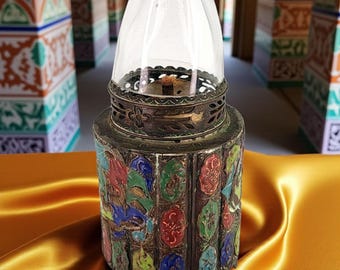 Lámpara de opio cloisonné de latón chino antigua, pantalla de chimenea, lámpara de aceite de pipa china antigua, lámpara de latón esmaltado chino, decoración asiática antigua