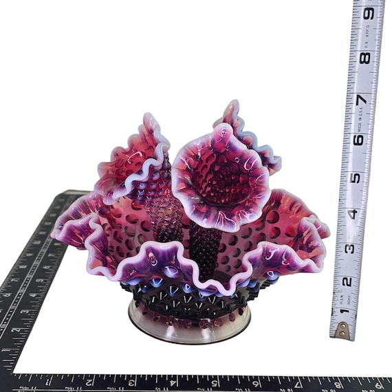 Rare Vintage Fenton Plum Opalescent Hobnail Epergne Flower Vase