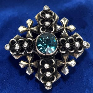 Vintage 900 Silver Jerusalem Jordan Signed Crusader Cross Brooch Blue Glass Rhinestone Maltese Cross Pin Ornate Religious Jewelry Faith Gift