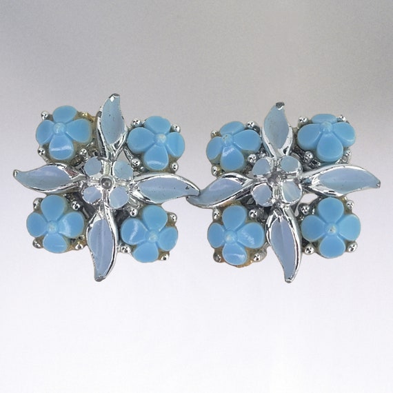 Vintage Blue Earrings Vintage Floral Clip On Earr… - image 2