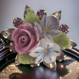 Vintage Coro Brooch Pink Rose Brooch Signed Coro Flower Pin Porcelain Rhinestone Vintage Jewelry Gold Tone Coro Signed Brooch Floral Pin