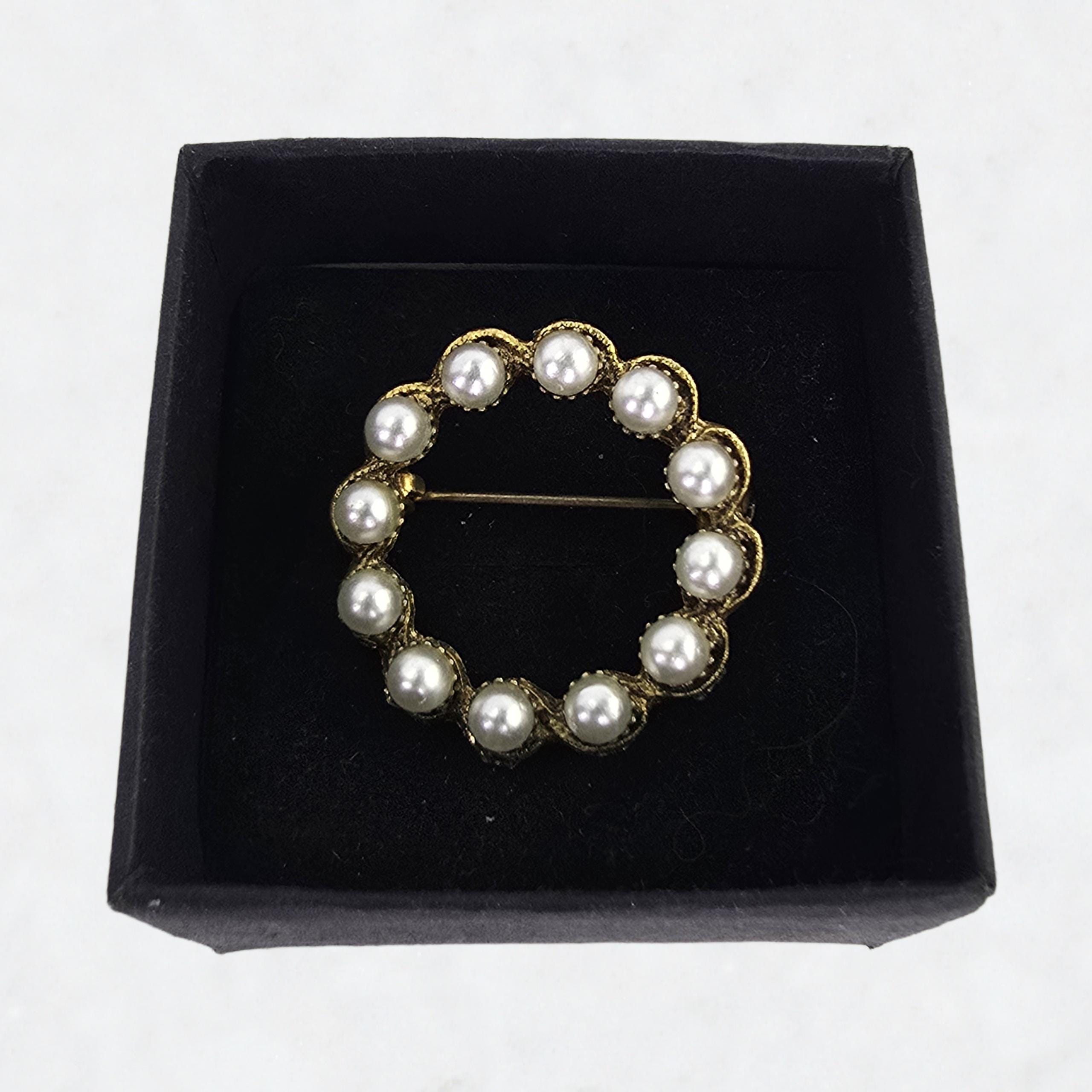 Broche Ronde Vintage Années 70 - Cuivre Et Perles Cognac, Création Unique Sans Marque