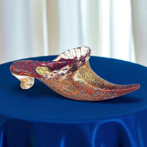 Vintage Murano Glass Millefiori Gold Aventurine Shoe Italian Art Glass Murano Slipper Vintage Millefiori Murano Glass Shoe Burcella Italy