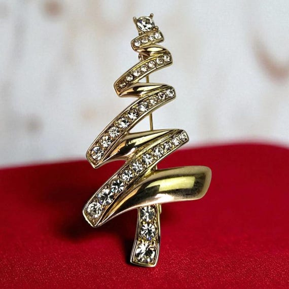 MONET VINTAGE チェリー リーフモチーフ ストーン装飾 ピンブローチ Vintage Signed Monet Christmas Tree Brooch Gold Tone Rhinestone