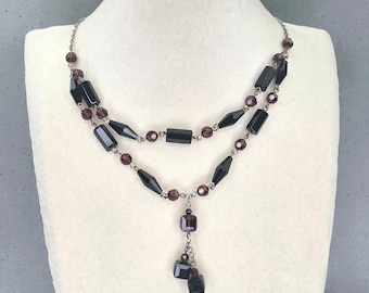 Vintage Signed Emily Ray Amethyst Faceted Glass Beaded Sterling Silver Art Deco Style Geometric Bead Drop Dangle Choker Designer Necklace
