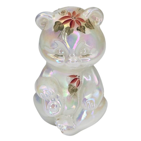 Vintage Hand Painted Signed Fenton Bear Figurine White Opal