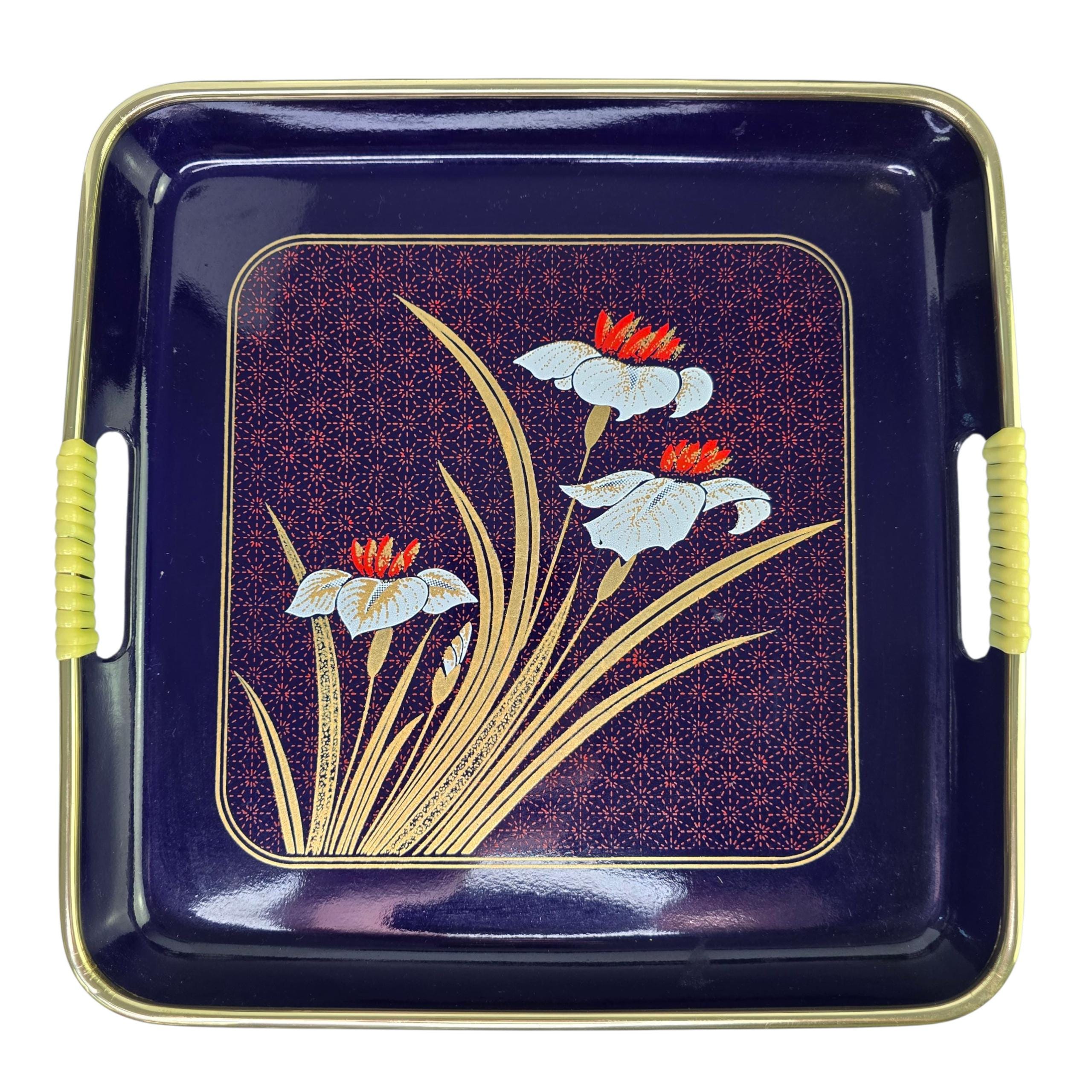 Vintage 3 Piece Black Lacquered Tray Set With Floral Design Trays