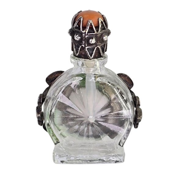 Vintage Silver Tone Metal Encased Miniature Glass Perfume Bottle Victorian Revival Porcelain Courtship Mini Glass and Metal Perfume Bottle View 4