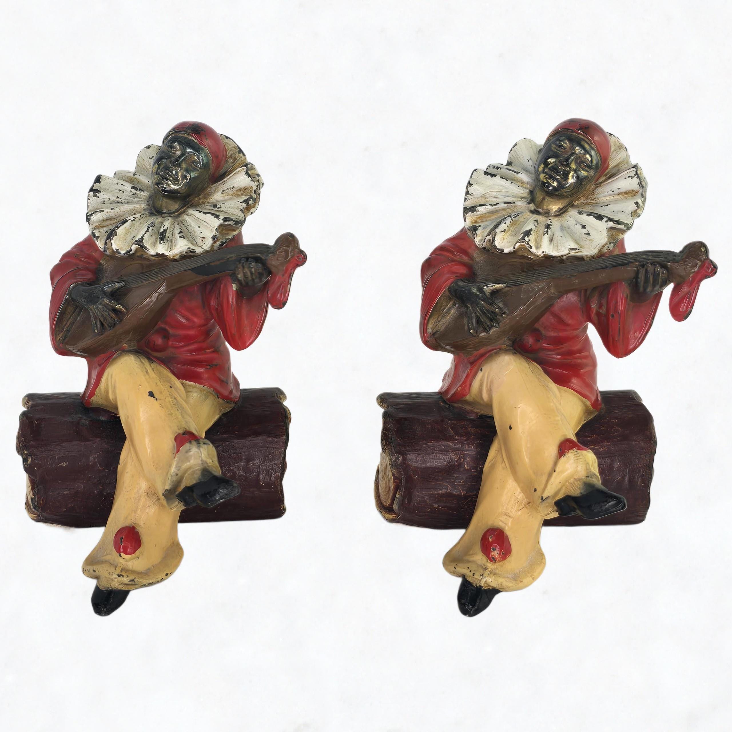 Rare Pair of Antique 1925 Pierrot Plays Minstrel Statues Set