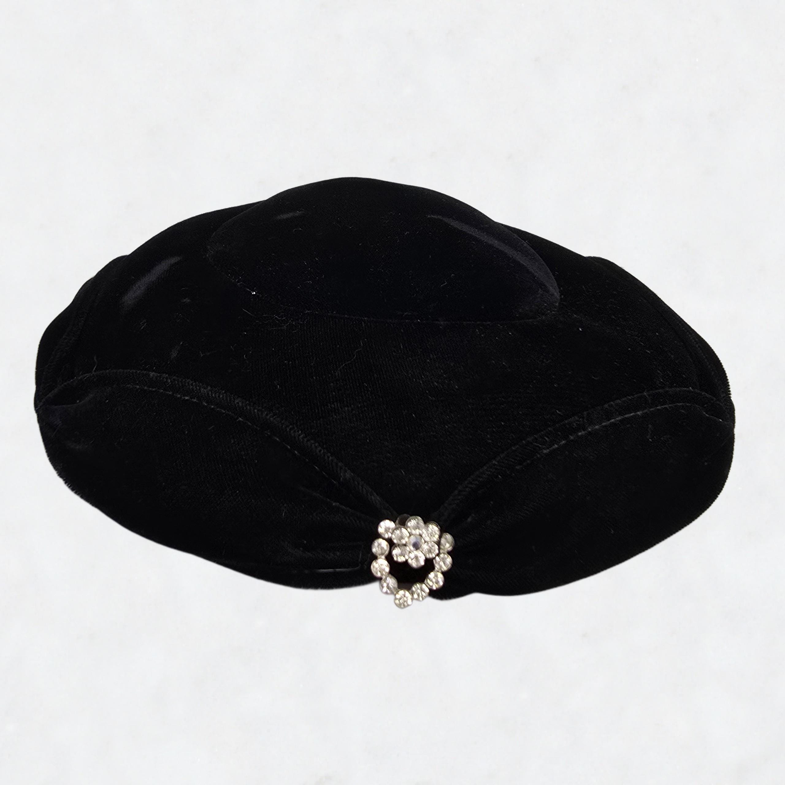 Antique Victorian / Edwardian Black Silk Velvet Beret with BEAUTIFUL Beadwork an Antique 1800s Victorian Black Purple Velvet Bonnet Hat w  main image 4