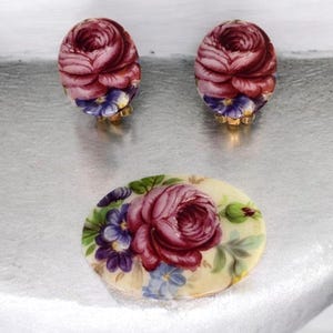 Vintage Set Flower Brooch and Clip Earrings Set Vintage Pink Floral Matching Set Brooch and Earrings Vintage Flower Jewelry Set Pink Flowers