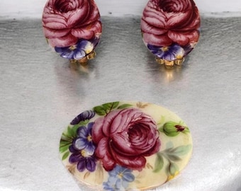 Vintage Set Flower Brooch and Clip Earrings Set Vintage Pink Floral Matching Set Brooch and Earrings Vintage Flower Jewelry Set Pink Flowers