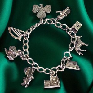 Vintage Sterling Silver Irish Theme Charm Bracelet Sterling Ireland Charms on Sterling Silver Bracelet Unique Articulating Charms Sterling