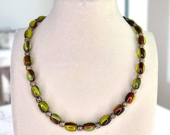 Vintage Multicolor Boho Art Glass Beaded Necklace Vintage Earth Tone Glass Bead Necklace Boho Jewelry Vintage Brown Green Glass Necklace