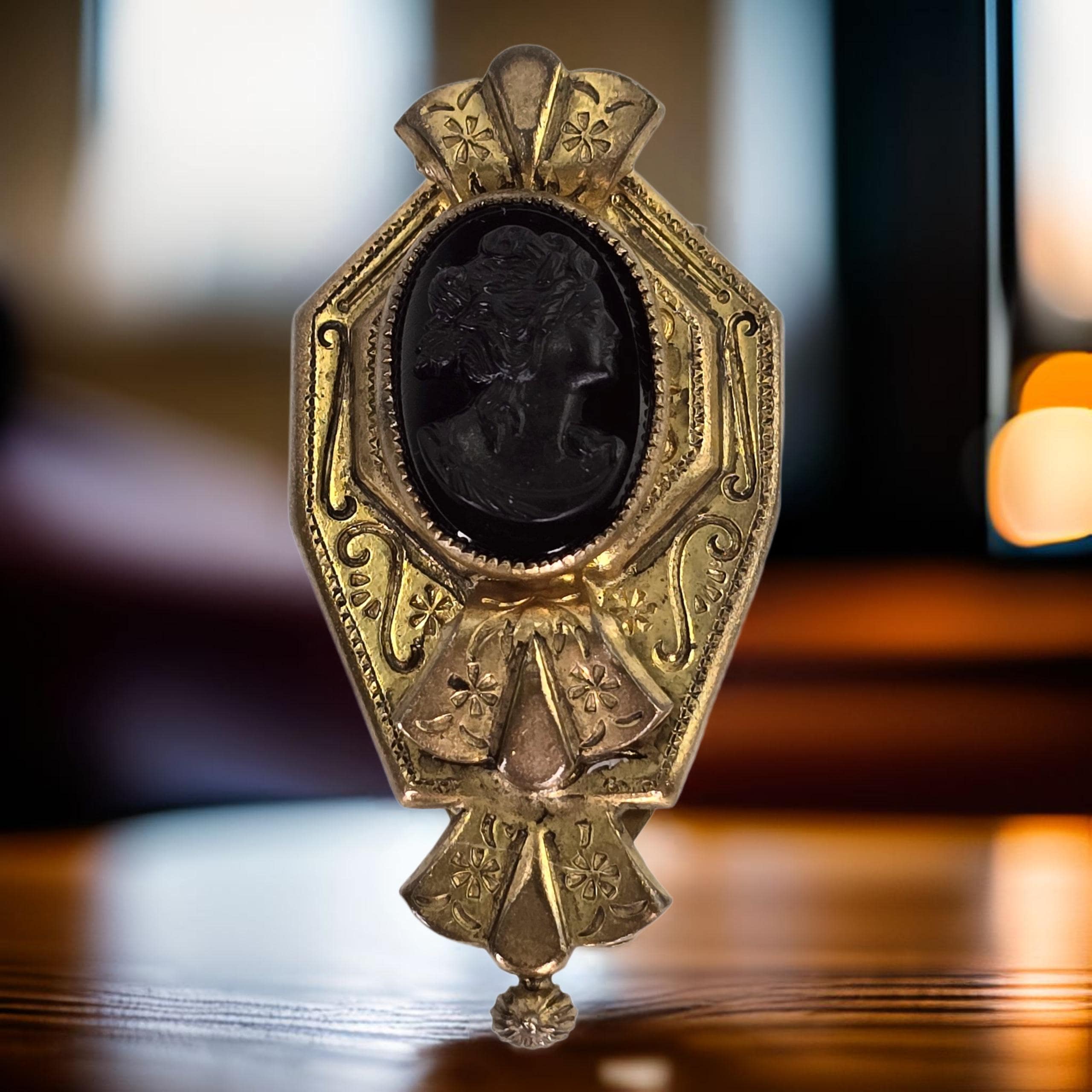 Antique Victorian Mourning Black Cameo Antique Black Dress Clip