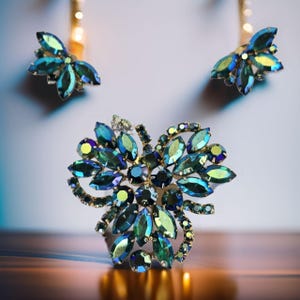 Vintage Juliana Brooch and Earrings Set Juliana D & E Blue AB Rhinestone Earrings and Brooch Juliana Matching Set with Blue Rhinestones AB