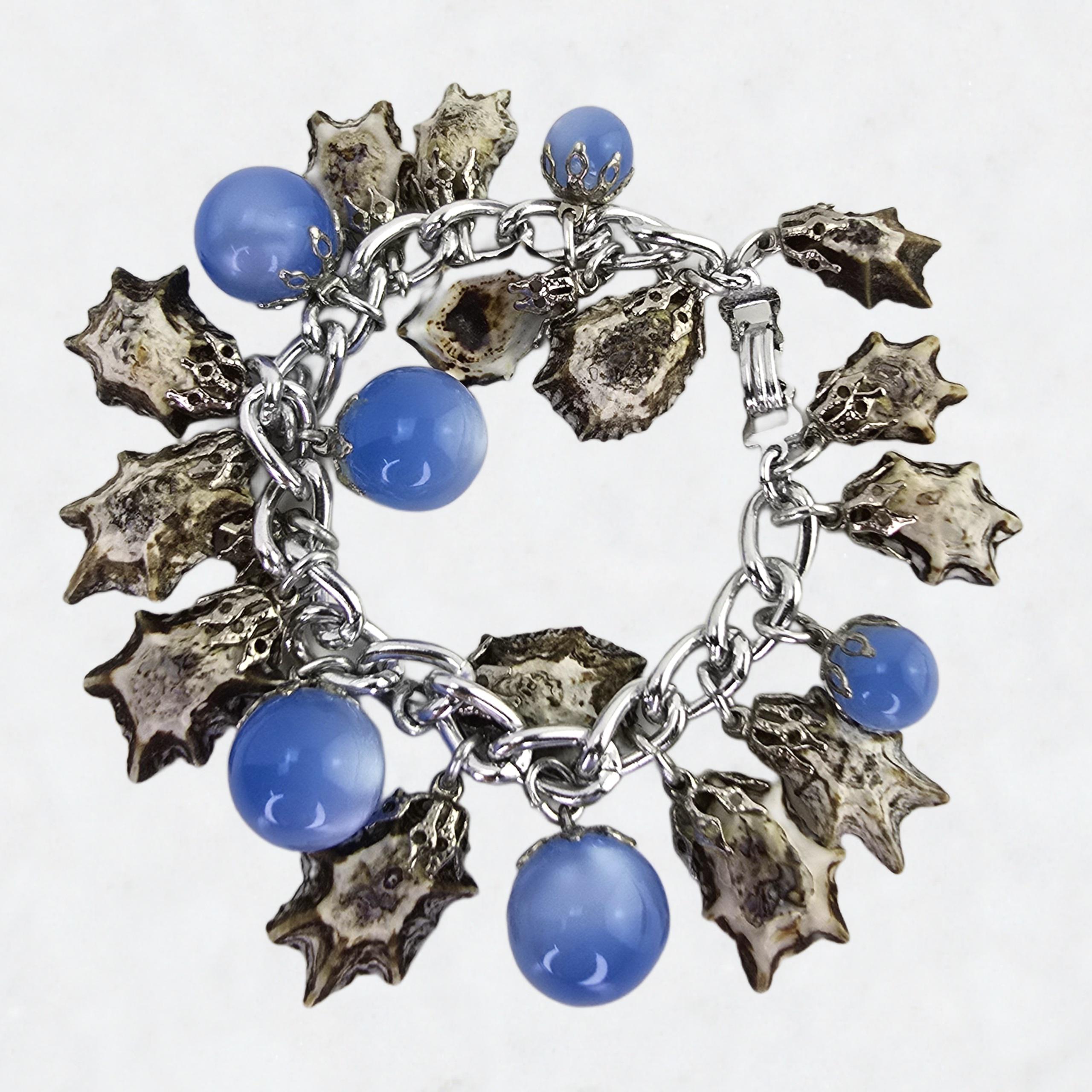 ヴィンテージブルービーズとシェルブレスレット。ドイツ製。シルバー