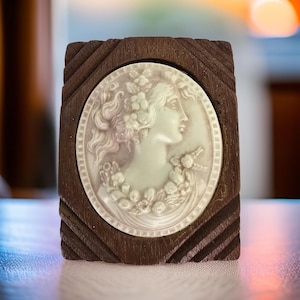 Vintage Celluloid Cameo Brooch Art Deco Wood Mounted Brooch Vintage Cameo Art Deco Brooch Unique Wood Cameo Pin Art Deco Jewelry Vintage Pin