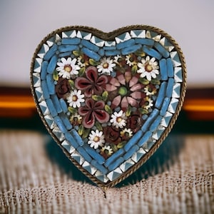 Antique Victorian Micromosaic Brooch Antique Italian Micro Mosaic Heart Brooch Antique Floral Mosaic Victorian Jewelry Rare Micromosaic Pin