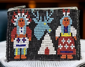 Portmonetka na monety w stylu indiańskim, zdobiona koralikami, torebka na monety w stylu indiańskim, torebka ze skóry, zdobiona koralikami, modna torba w stylu indiańskim