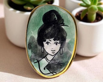 Vintage Artisan Made Hand Painted Lady Brooch Signed Modernist Woman Brooch Stamped Italy Brooch Artist Signed Lady Portrait Brooch Unique