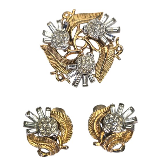 Vintage Signed Crown Trifari Alfred Phillipe Thistle Set Gold Tone