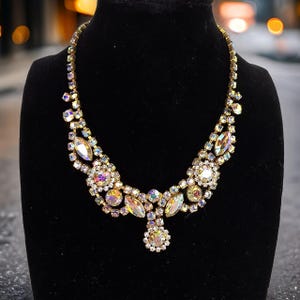 Vintage Aurora Borealis Rhinestone Necklace Vintage Formal AB Crystal Drop Necklace Antique Prong Set Glass Rhinestone Statement Necklace AB