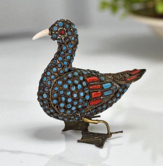 アンティーク チベット ネパール 真鍮 ターコイズ 珊瑚 象嵌 アヒル