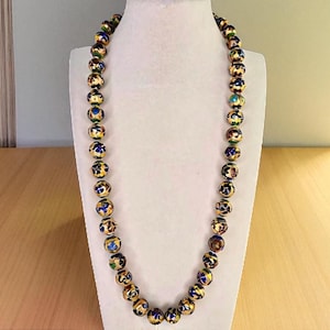 Antique Champleve Enamel Cloisonne Bead Necklace Vintage Floral Cloisonne Necklace Multicolor Flower Cloisonne Beaded Necklace Gold Tone
