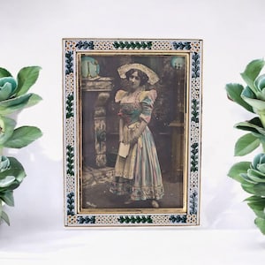 Beautiful Antique Italian Micro Mosaic Floral Photo Frame Vintage Hand Tinted French Lady Photo RPPC Framed Italy Micromosaic Antique Frame