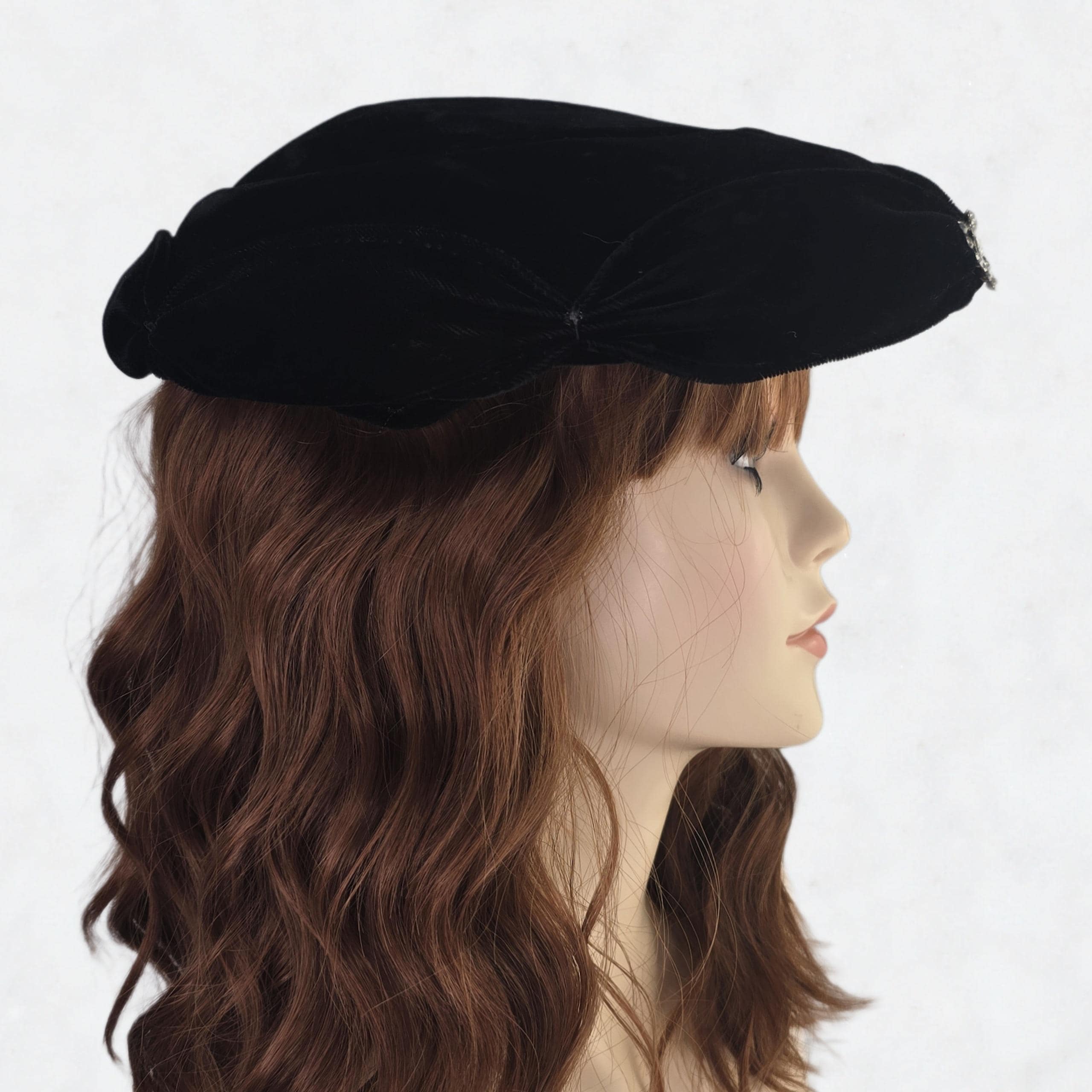 Vintage Large Black Velvet Hat Unique Black Beret Rhinestone  display picture 3