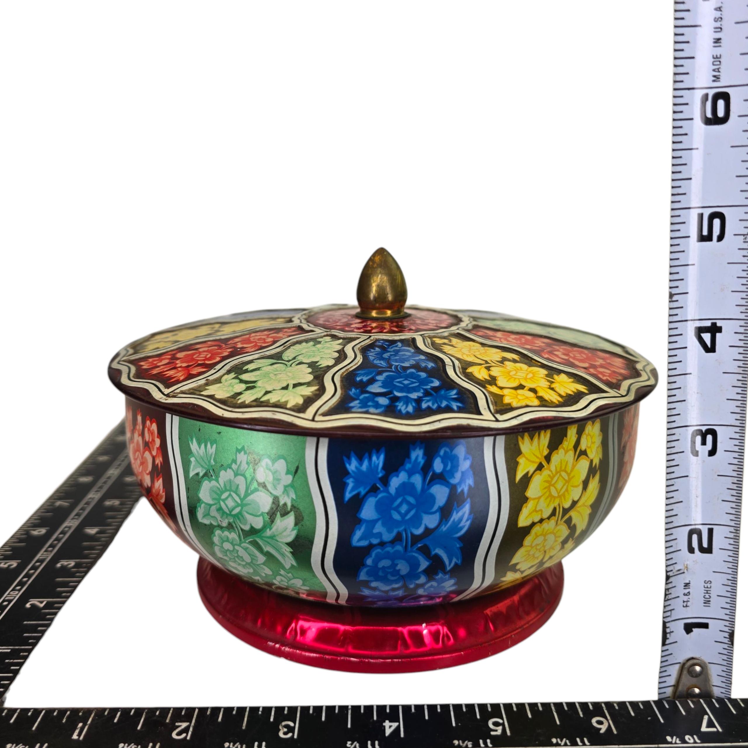 ヴィンテージ イングリッシュ キャンディ缶 花柄 原色 装飾缶 マルチ