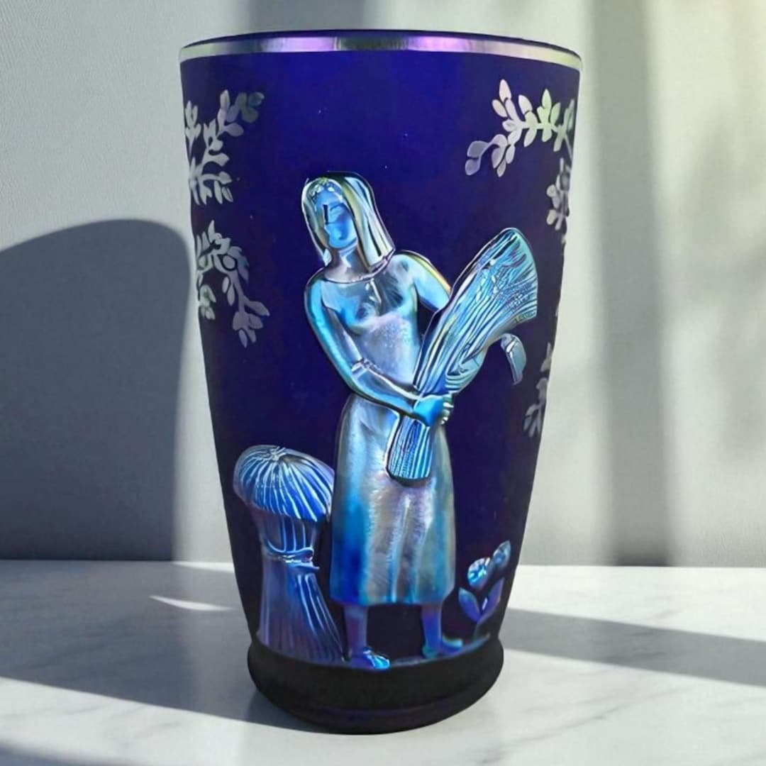 フェントン　花瓶　ヴィンテージ　② ヴィンテージ フェントン ブルー ファブレネ シーズンズ 花瓶 1998年