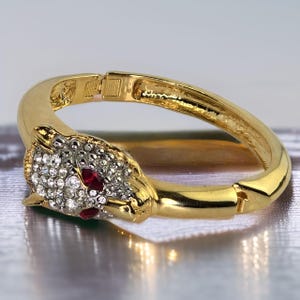Vintage Panther Bracelet Gold Tone Rhinestone Panther Head Bracelet Vintage Cuff Hollywood Regency Bracelet Gold and Red Rhinestone Panther