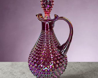 Rare Signed Fenton Ruby Carnival Glass Hobnail Decanter with Stopper Unique Designer Red Iridescent Art Glass Decor Statement Piece Barware