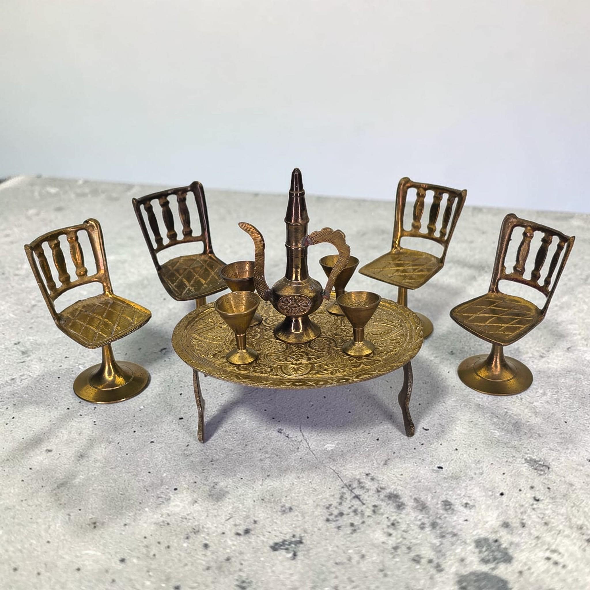 Vintage Brass Miniature Dollhouse Set Turkish Tea Coffee Chairs