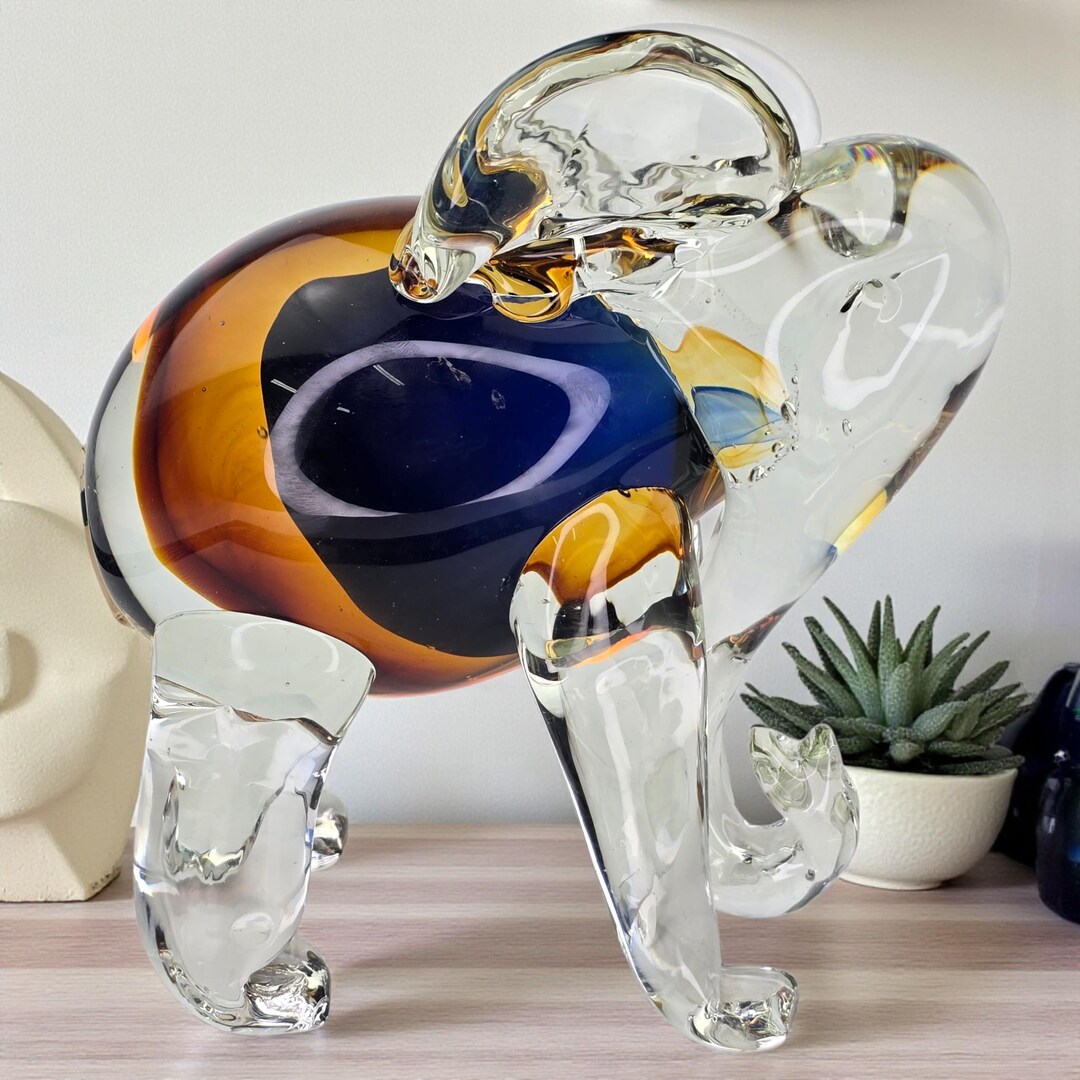 【Murano Glass】Luciano Gaspari 象の置き物 Vintage Murano Style Sommerso Crystal Art Glass Elephant Sculpture