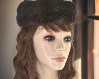 Vintage Women’s Brown Hats Lot of 2 Veiled Fascinator Velvet Pillbox Mid Century Vintage 1950s 1960s Pillbox Hat, Open Crown With a Veil, Mid  main image 2