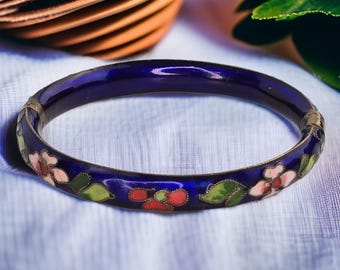 ヴィンテージ中国製ダークブルーホワイト七宝焼き花バングル