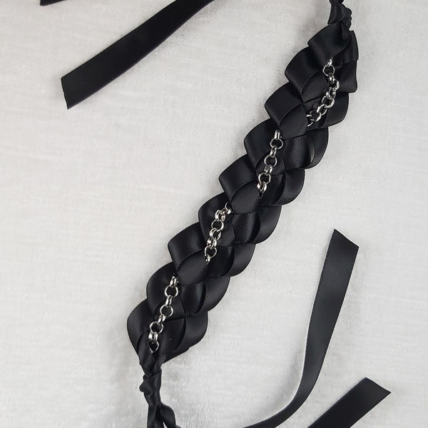 Black ribbon lei cuff, arm bracelet, wristlet, metal chain, 7 inches+. Hallowe'en, dominatrix, goth, emo. Soft pet collar cat pig dog SM