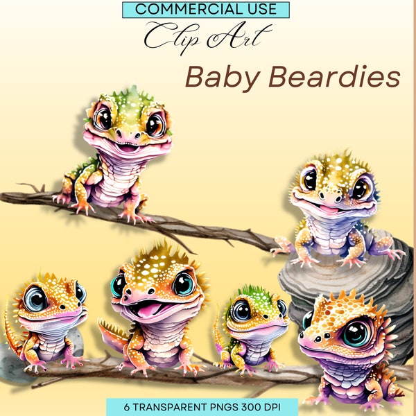 Acuarela Reptiles Clipart / Bebé Dragón Barbudo, Beardies, Herpitología, Ilustración Animal / Descarga Instantánea para Uso Comercial
